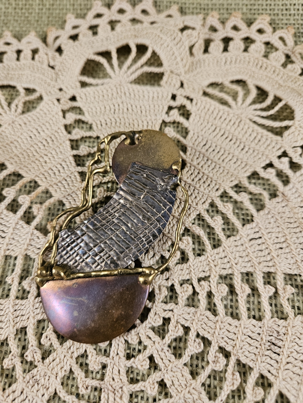 Handcrafted Mixed-Metal Statement Pendant in Brass and Silver Tones Vintage